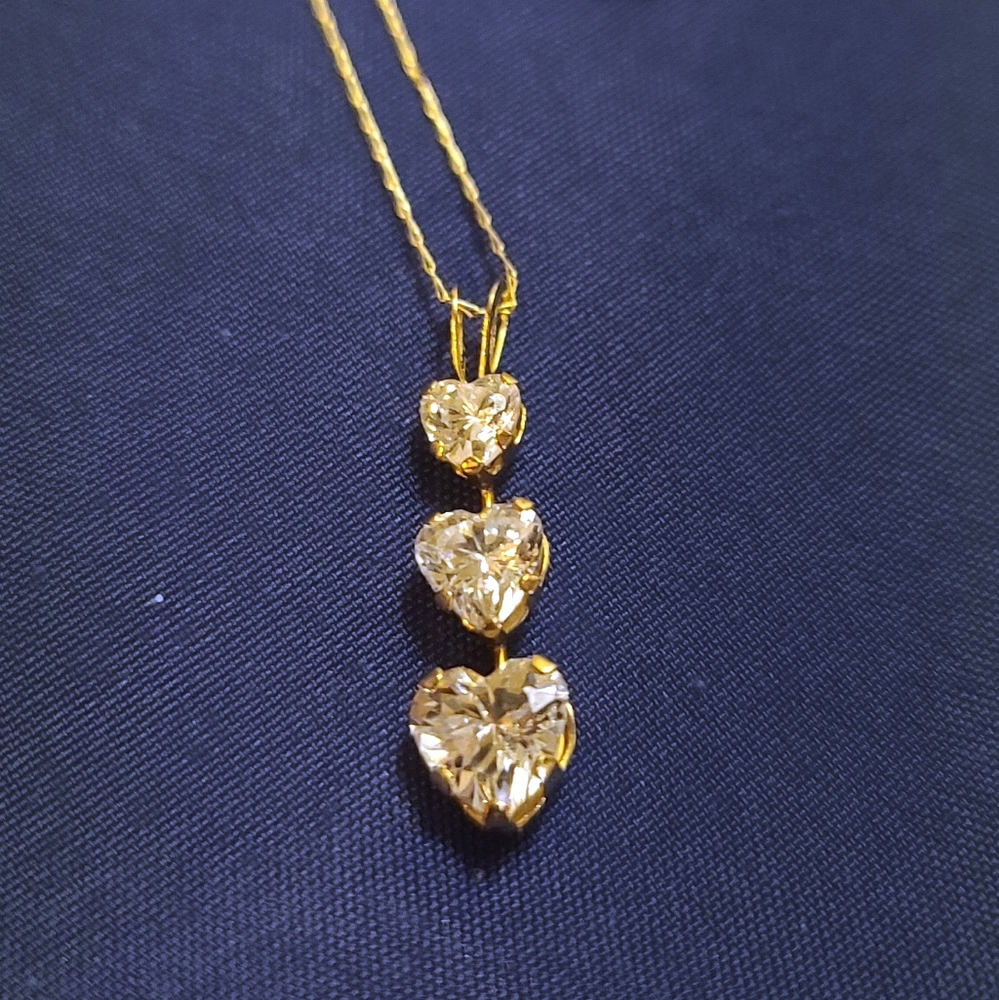 Solid 10k Gold CZ Triple Heart Necklace 18' Dainty